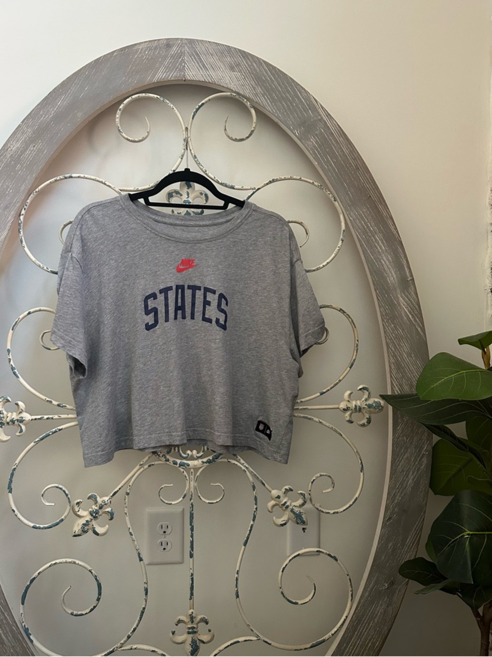 Nike Gray Cropped 'STATES' Tee with Red Swoosh